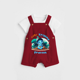 Cute Little Lord Krishna - Customised Dungaree for kids - RED - 0 - 5 Months Old (Chest 18")