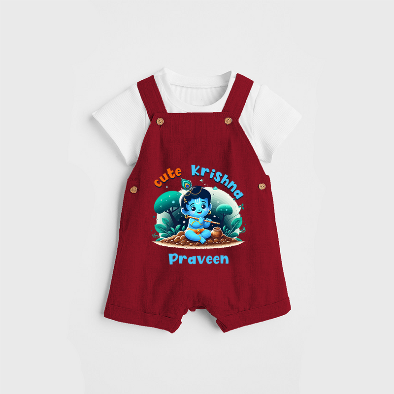 Cute Little Lord Krishna - Customised Dungaree for kids - RED - 0 - 5 Months Old (Chest 18")