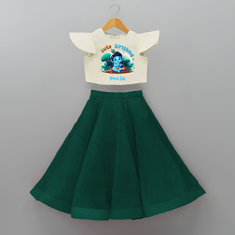 Cute Little Lord Krishna - Customised Crop Top and Skirt - BOTTLE GREEN - 6 -9 Months Old (Chest 20") (Frock Waist 20")