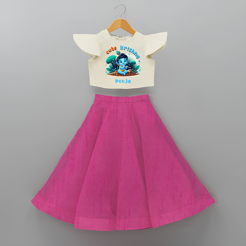 Cute Little Lord Krishna - Customised Crop Top and Skirt - FUSCHIA - 6 -9 Months Old (Chest 20") (Frock Waist 20")