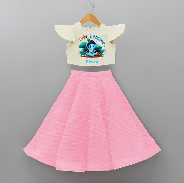 Cute Little Lord Krishna - Customised Crop Top and Skirt - PINK - 6 -9 Months Old (Chest 20") (Frock Waist 20")