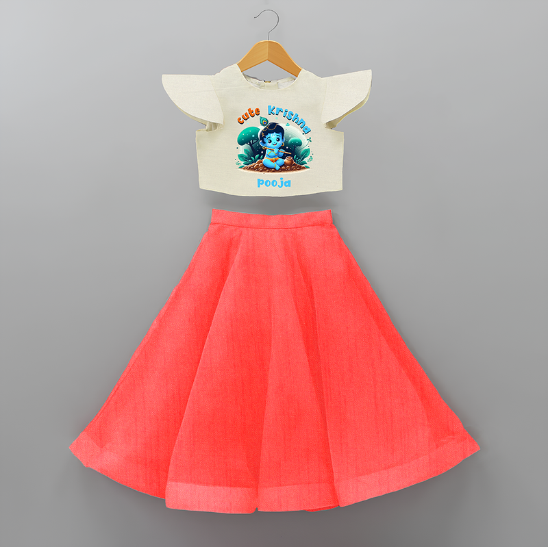 Cute Little Lord Krishna - Customised Crop Top and Skirt - RED - 6 -9 Months Old (Chest 20") (Frock Waist 20")