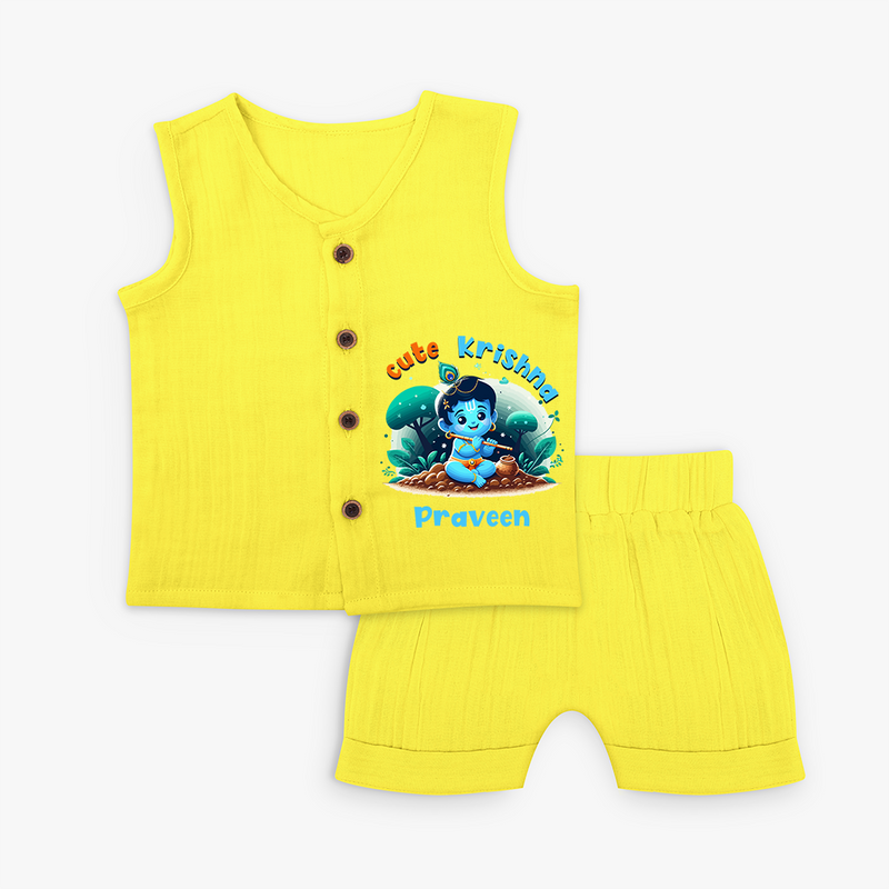 Cute Little Lord Krishna - Customised Jabla set for kids - YELLOW - 0 - 3 Months Old (Chest 9.8")