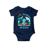 Cute Little Lord Krishna - Customised Romper for kids - NAVY BLUE - 0 - 3 Months Old (Chest 16")