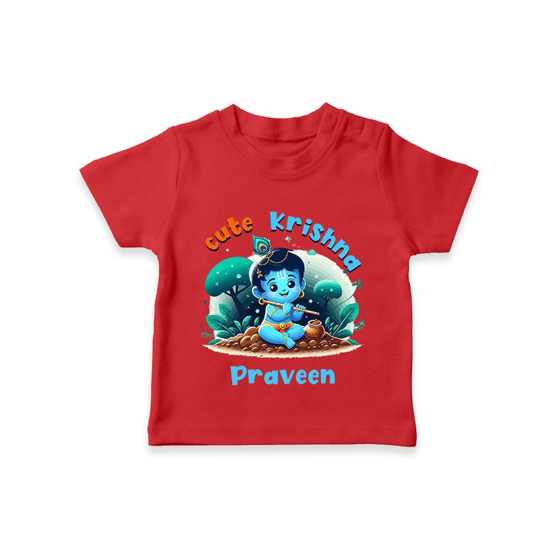 Cute Little Lord Krishna - Customised TShirt for kids - RED - 0-5 Months Old (Chest 17")