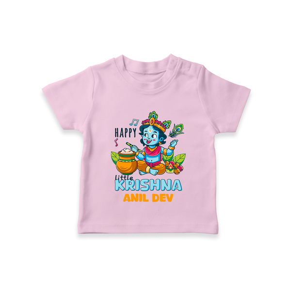 Happy Little Krishna - Customised TShirt for kids - BABY PINK - 0-5 Months Old (Chest 17")