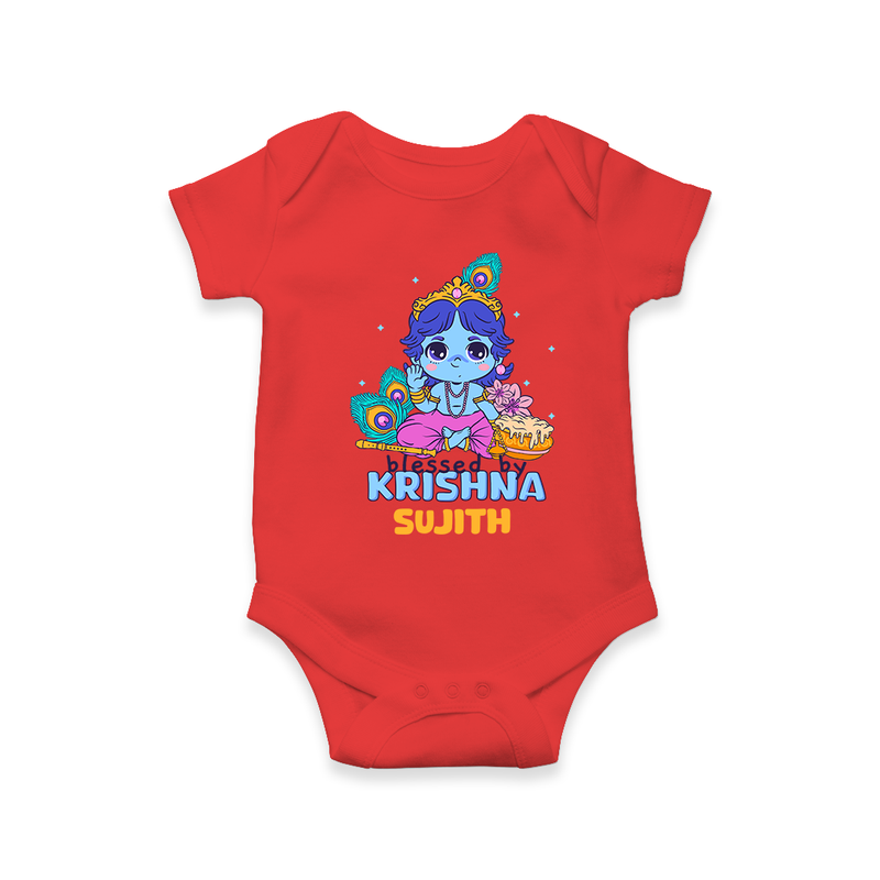 Blessed by Krishna - Customised Romper for kids - RED - 0 - 3 Months Old (Chest 16")