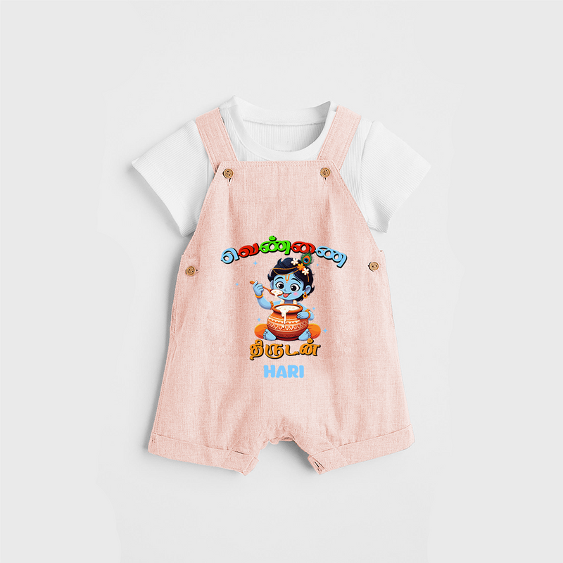 Butter Thief Cute Little Krishna - Customised Dungaree for kids - PEACH - 0 - 5 Months Old (Chest 18")