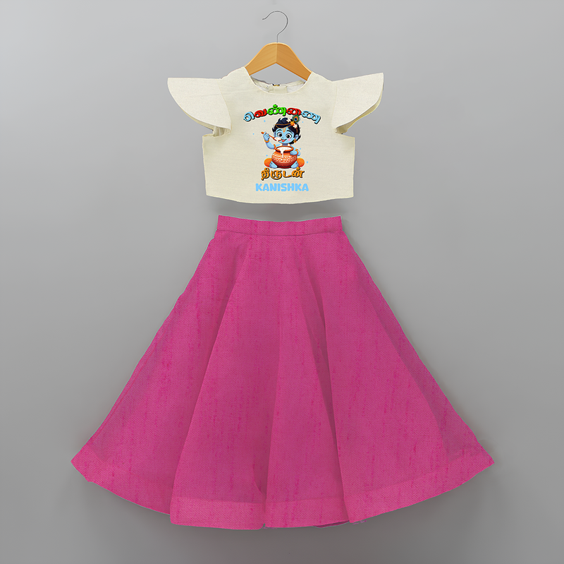 Butter Thief Cute Little Krishna - Customised Crop Top and Skirt - FUSCHIA - 6 -9 Months Old (Chest 20") (Frock Waist 20")