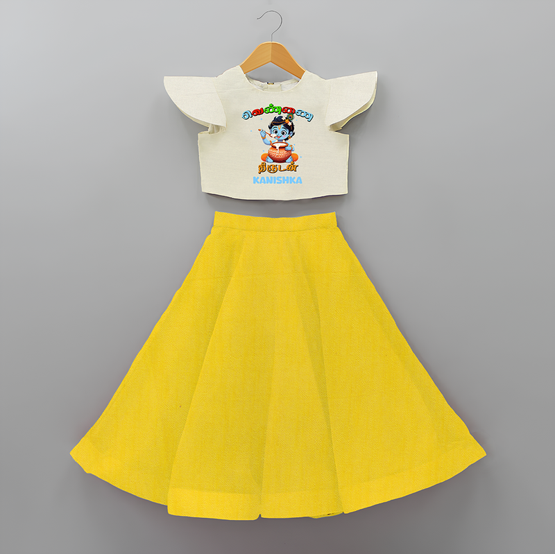 Butter Thief Cute Little Krishna - Customised Crop Top and Skirt - YELLOW - 6 -9 Months Old (Chest 20") (Frock Waist 20")