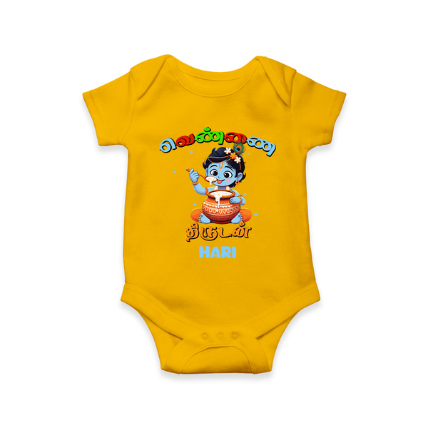 Butter Thief Cute Little Krishna - Customised Romper for kids - YELLOW - 0 - 3 Months Old (Chest 16")