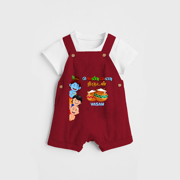 Butter Thief - Little Krishna with Friends Customised Dungaree for kids - RED - 0 - 5 Months Old (Chest 18")