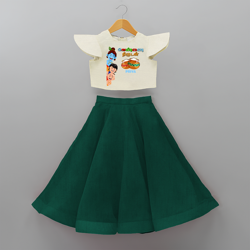 Butter Thief - Little Krishna with Friends Customised Crop Top and Skirt - BOTTLE GREEN - 6 -9 Months Old (Chest 20") (Frock Waist 20")