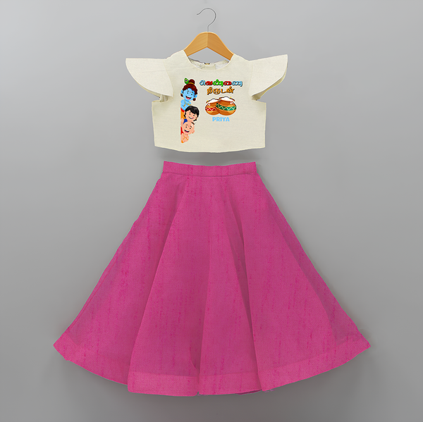 Butter Thief - Little Krishna with Friends Customised Crop Top and Skirt - FUSCHIA - 6 -9 Months Old (Chest 20") (Frock Waist 20")