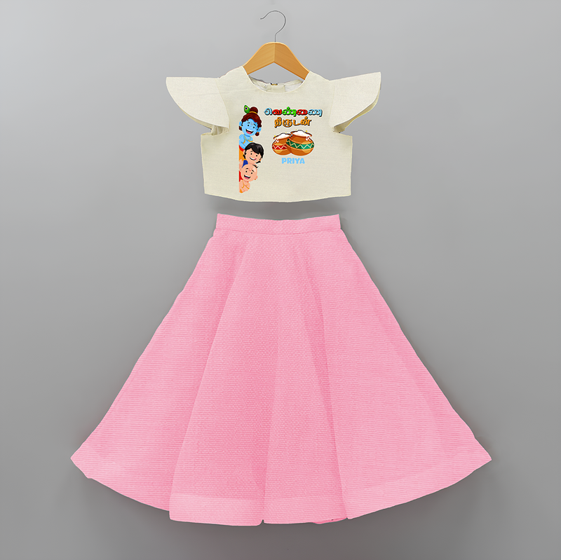 Butter Thief - Little Krishna with Friends Customised Crop Top and Skirt - PINK - 6 -9 Months Old (Chest 20") (Frock Waist 20")