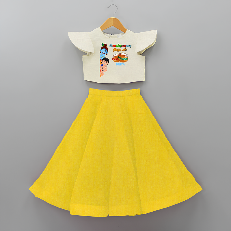 Butter Thief - Little Krishna with Friends Customised Crop Top and Skirt - YELLOW - 6 -9 Months Old (Chest 20") (Frock Waist 20")