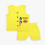 Butter Thief - Little Krishna with Friends Customised Jabla set for kids - YELLOW - 0 - 3 Months Old (Chest 9.8")