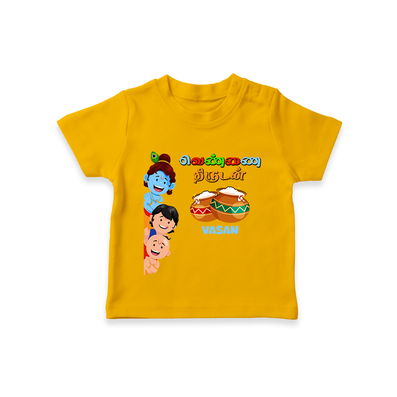 Butter Thief - Little Krishna with Friends Customised TShirt for kids - CHROME YELLOW - 0-5 Months Old (Chest 17")