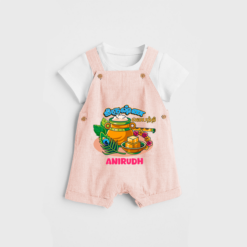 Happy Krishna Jayanthi -  Customised Dungaree for kids - PEACH - 0 - 5 Months Old (Chest 18")