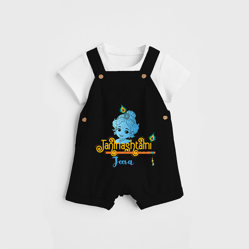 Janmashtami With Little Krishna Customised Dungaree for kids - BLACK - 0 - 5 Months Old (Chest 18")