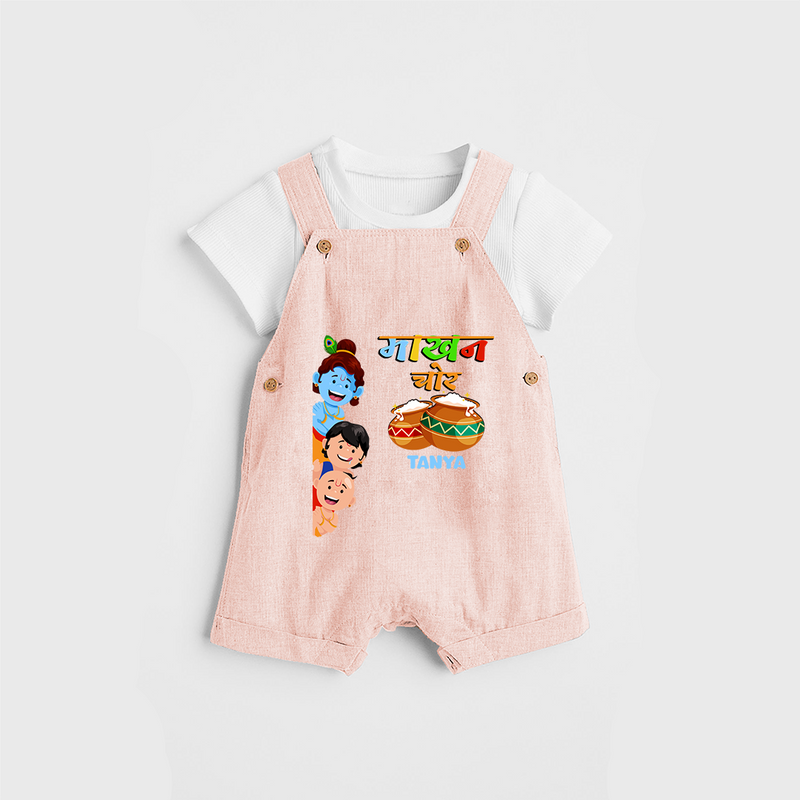 
माखन चोर Little Krishna - Customized Dungaree Set For Kids - PEACH - 0 - 5 Months Old (Chest 18")