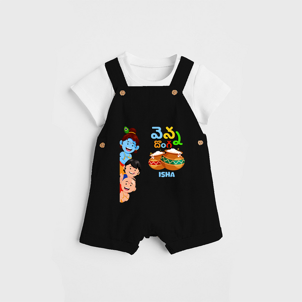 వెన్న దొంగ Little Krishna - Customized Dungaree Set For Kids - BLACK - 0 - 5 Months Old (Chest 18")