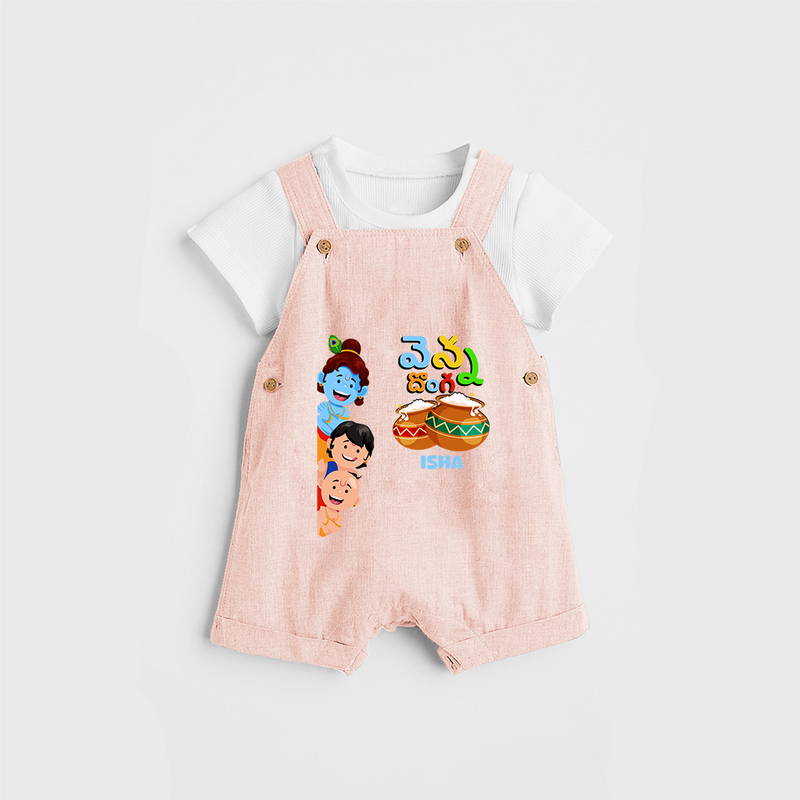 వెన్న దొంగ Little Krishna - Customized Dungaree Set For Kids - PEACH - 0 - 5 Months Old (Chest 18")