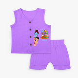 వెన్న దొంగ Little Krishna - Customized Jabla Set For Kids - PURPLE - 0 - 3 Months Old (Chest 9.8")