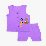 ಬೆಣ್ಣೆ ಕಳ್ಳ Little Krishna - Customized Jabla Set For Kids - PURPLE - 0 - 3 Months Old (Chest 9.8")