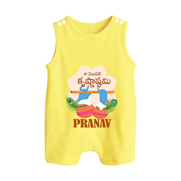 Naa Modati Krishnashtami Romper Suit/Sleeveless Romper | Personalized Baby Romper Suit/Sleeveless Romper for Krishnashtami - PASTEL YELLOW - 0 - 5 Months Old (Chest 18")