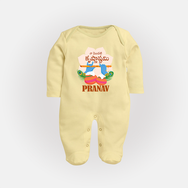 Naa Modati Krishnashtami Sleep Suit/Full Sleeve Body Suit | Personalized Baby Sleep Suit/Full Sleeve Body Suit for Krishnashtami - PASTEL YELLOW - New Born (Chest 7.5")