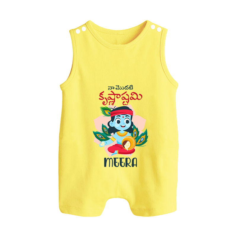 Naa Modati Krishnashtami Romper Suit/Sleeveless Romper | Custom Romper Suit/Sleeveless Romper for Your Baby's First Krishnashtami - PASTEL YELLOW - 0 - 5 Months Old (Chest 18")