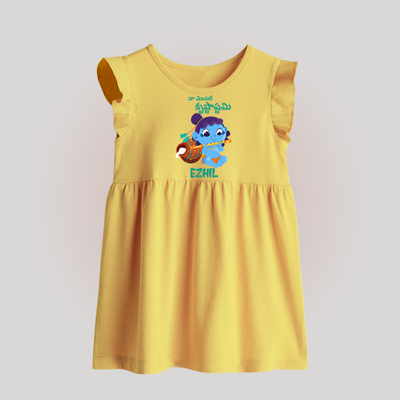 Celebrate Naa Modati Krishnashtami Baby Frock | Personalized Outfit for Baby's First Krishnashtami - PASTEL YELLOW - 0 - 3 Months Old (Chest 17")