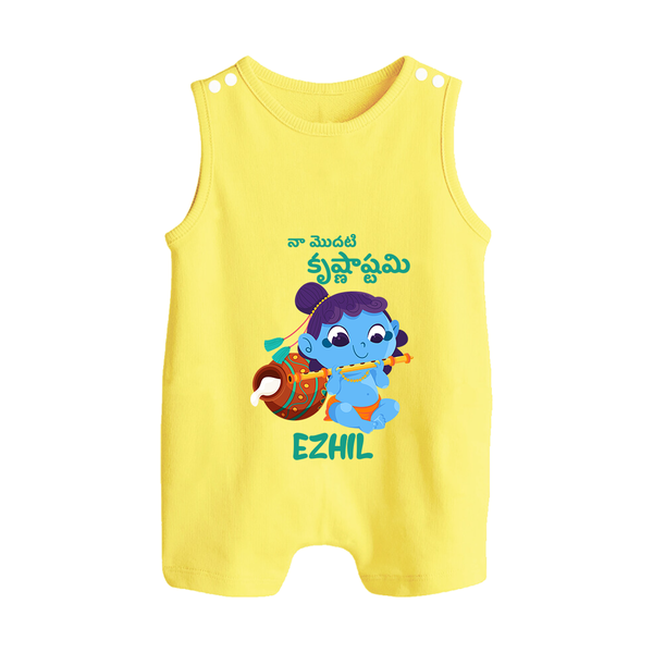 Celebrate Naa Modati Krishnashtami Romper Suit/Sleeveless Romper | Personalized Outfit for Baby's First Krishnashtami - PASTEL YELLOW - 0 - 5 Months Old (Chest 18")