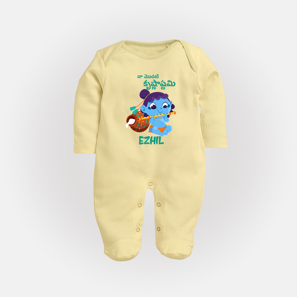 Celebrate Naa Modati Krishnashtami Sleep Suit/Full Sleeve Body Suit | Personalized Outfit for Baby's First Krishnashtami - PASTEL YELLOW - New Born (Chest 7.5")