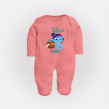 Celebrate Naa Modati Krishnashtami Sleep Suit/Full Sleeve Body Suit | Personalized Outfit for Baby's First Krishnashtami - PEACH - New Born (Chest 7.5")