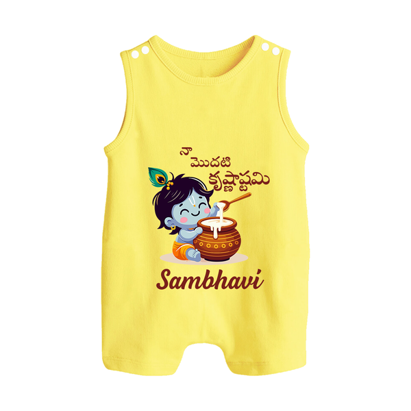 Naa Modati Krishnashtami Baby Romper Suit/Sleeveless Romper | Custom Krishnashtami Romper Suit/Sleeveless Romper for Your Little One - PASTEL YELLOW - 0 - 5 Months Old (Chest 18")