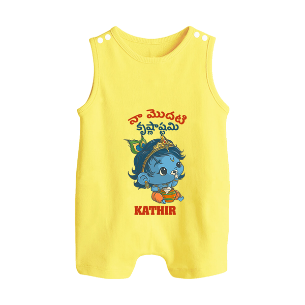 Naa Modati Krishnashtami Special Romper Suit/Sleeveless Romper | Personalized Baby Outfit for the Occasion - PASTEL YELLOW - 0 - 5 Months Old (Chest 18")