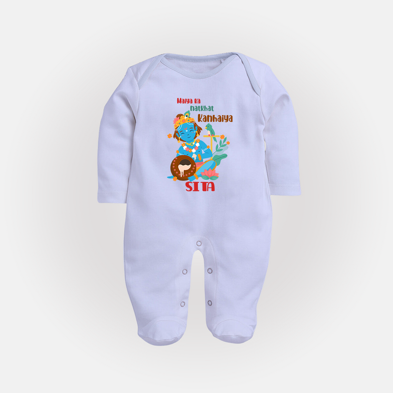 Maiya Ka Natkhat Kanhaiya Sleep Suit / Full Sleeve Bodysuit | Personalized Sleep Suit / Full Sleeve Bodysuit for Krishna's Mischief - BABY BLUE - New Born (Chest 7.5")