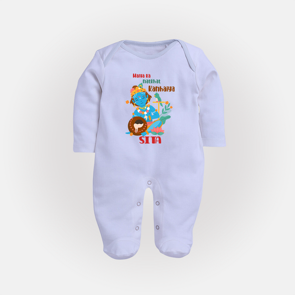 Maiya Ka Natkhat Kanhaiya Sleep Suit / Full Sleeve Bodysuit | Personalized Sleep Suit / Full Sleeve Bodysuit for Krishna's Mischief - BABY BLUE - New Born (Chest 7.5")