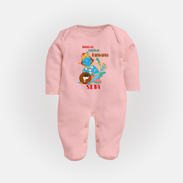Maiya Ka Natkhat Kanhaiya Sleep Suit / Full Sleeve Bodysuit | Personalized Sleep Suit / Full Sleeve Bodysuit for Krishna's Mischief - BABY PINK - New Born (Chest 7.5")