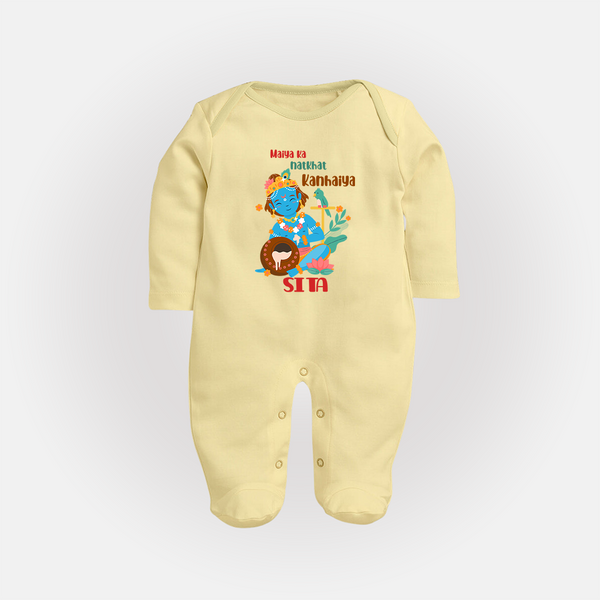 Maiya Ka Natkhat Kanhaiya Sleep Suit / Full Sleeve Bodysuit | Personalized Sleep Suit / Full Sleeve Bodysuit for Krishna's Mischief - PASTEL YELLOW - New Born (Chest 7.5")
