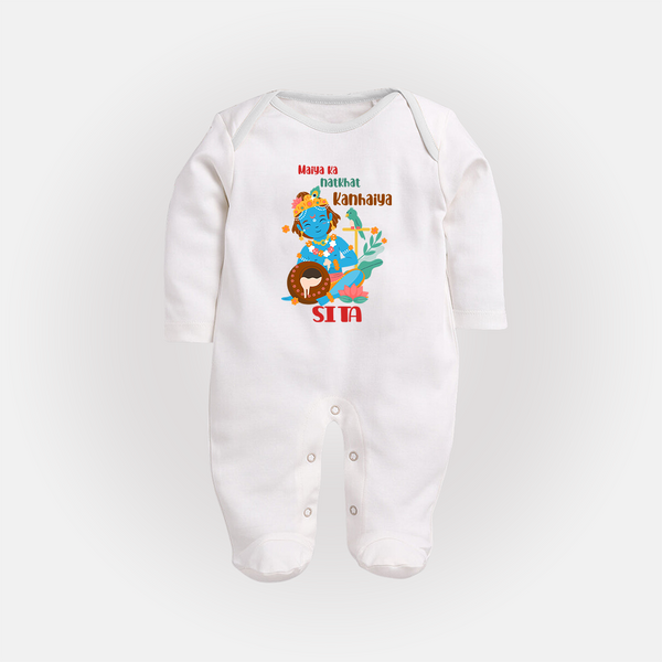 Maiya Ka Natkhat Kanhaiya Sleep Suit / Full Sleeve Bodysuit | Personalized Sleep Suit / Full Sleeve Bodysuit for Krishna's Mischief - WHITE - New Born (Chest 7.5")