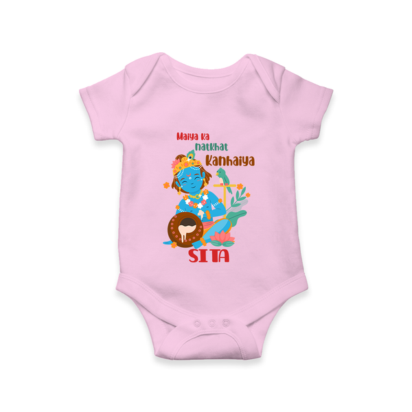 Maiya Ka Natkhat Kanhaiya Romper / Onesie | Personalized Romper / Onesie for Krishna's Mischief - BABY PINK - New Born (Chest 14")