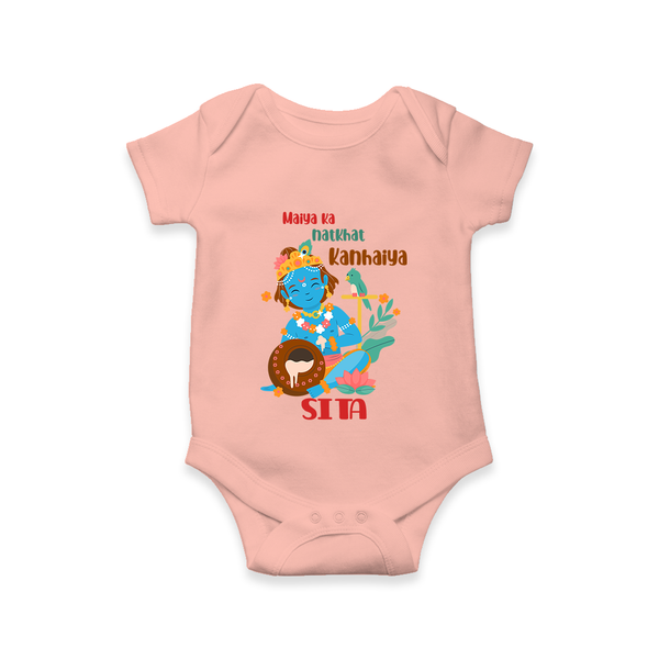 Maiya Ka Natkhat Kanhaiya Romper / Onesie | Personalized Romper / Onesie for Krishna's Mischief - PEACH - New Born (Chest 14")