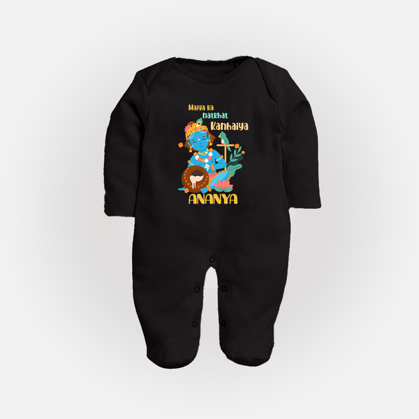 Maiya Ka Natkhat Kanhaiya Sleep Suit / Full Sleeve Bodysuit | Personalized Sleep Suit / Full Sleeve Bodysuit for Krishna's Mischief - BLACK - New Born (Chest 7.5")