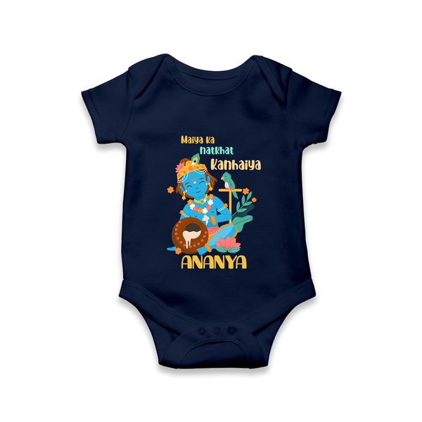 Maiya Ka Natkhat Kanhaiya Romper / Onesie | Personalized Romper / Onesie for Krishna's Mischief - NAVY BLUE - New Born (Chest 14")