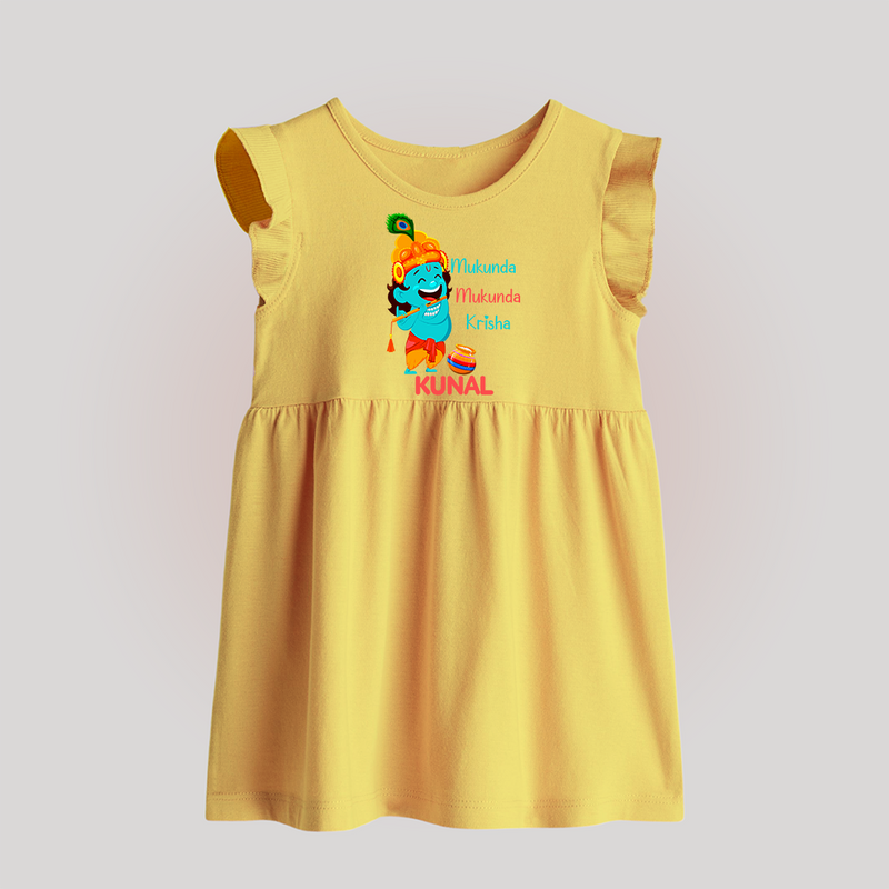 Mukunda Mukunda Krishna Baby Frock | Personalized Baby Frock for Krishna Jayanthi - PASTEL YELLOW - 0 - 3 Months Old (Chest 17")