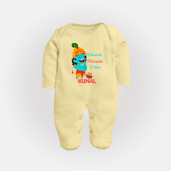 Mukunda Mukunda Krishna Sleep Suit | Personalized Baby Sleep Suit for Krishna Jayanthi - PASTEL YELLOW - New Born (Chest 7.5")