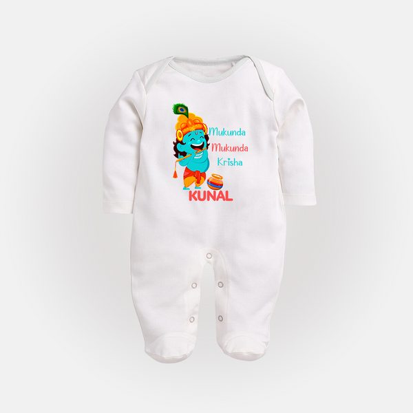 Mukunda Mukunda Krishna Sleep Suit | Personalized Baby Sleep Suit for Krishna Jayanthi - WHITE - New Born (Chest 7.5")